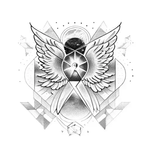 A celestial scene with angel wings and geometric constellations symbolizing the balance between good and evil tattoo design idea