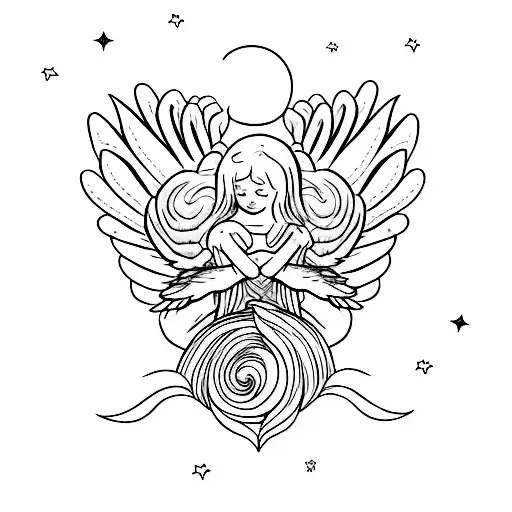 two angels, one of good and one of evil, with very detailed wings, flying in the sky. arm tattoo. tattoo design idea
