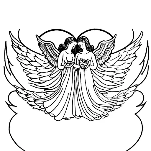 two angels, one of good and one of evil, with very detailed wings, flying in the sky. arm tattoo. tattoo design idea