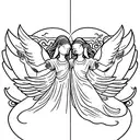 two angels, one of good and one of evil, with very detailed wings, flying in the sky. arm tattoo. tattoo design idea
