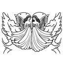 two angels, one of good and one of evil, with very detailed wings, flying in the sky. arm tattoo. tattoo design idea