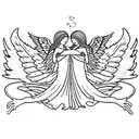 two angels, one of good and one of evil, with very detailed wings, flying in the sky. arm tattoo. tattoo design idea