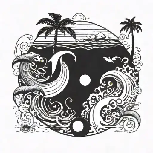 A ying yang sun and moon palm trees ocean waves dolphins tattoo design idea