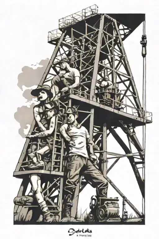 oil derrick, baseball life, family man woman and 2 daughters tattoo design idea