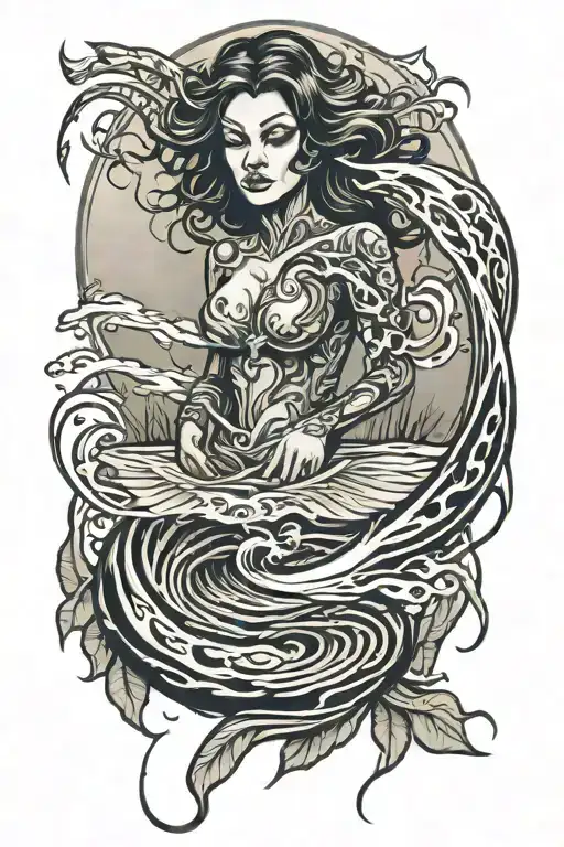 banshee on foggy pond ripples tattoo design idea