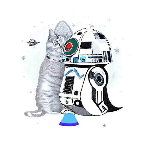 A guitar-playing cat wearing a Star Wars costume, surrounded by UFOs and futuristic space scenery tattoo design idea