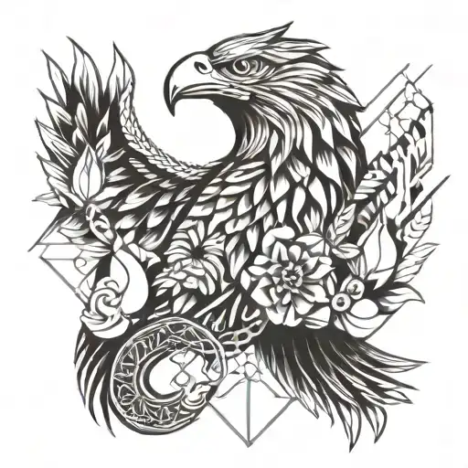 eagle, lion and koi fish surrounded tattoo design idea