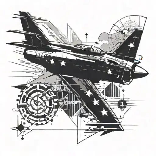 Incorporate military symbols such as a tank or a fighter jet in a futuristic setting tattoo design idea