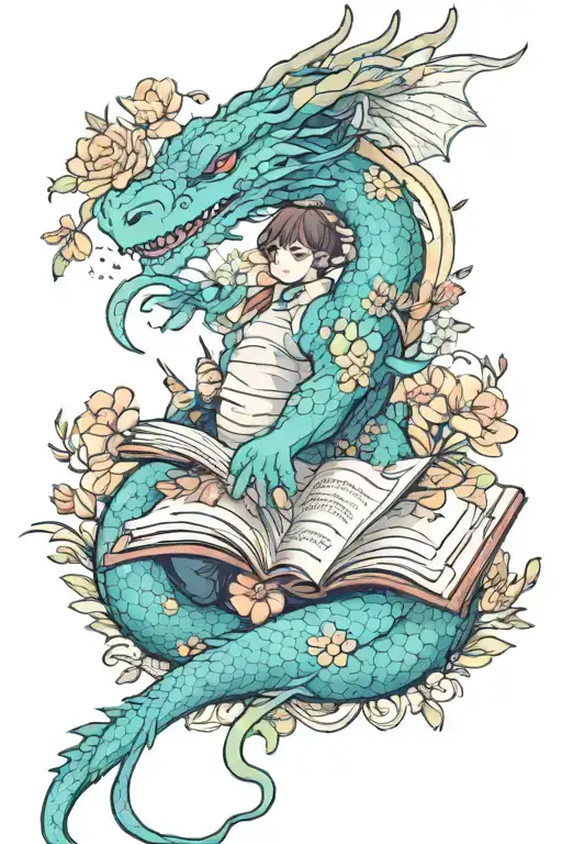 Dragon reading books surrounded by florals tattoo design idea