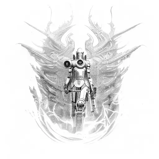 A tattoo combining elements of Cyberpunk 2077 and mythology, such as a cybernetic warrior battling a mythical creature tattoo design idea
