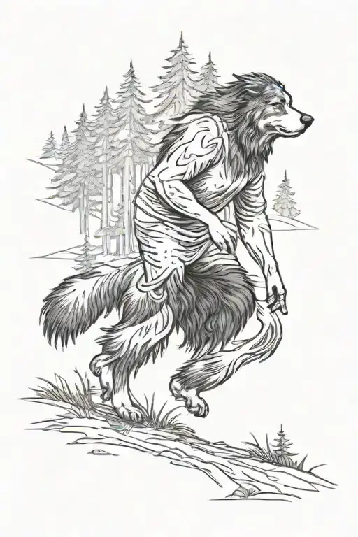 sasquatch walking australian shepherd dog in the forest tattoo design idea
