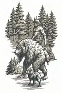 sasquatch walking with a australian shepherd dog in the forest tattoo design idea