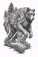 sasquatch walking with a australian shepherd dog in the forest tattoo design idea