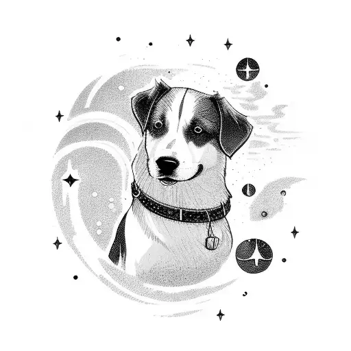 A serene scene of a dog swimming in a tranquil lake under a starry night sky tattoo design idea