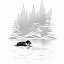 A serene scene of a dog swimming in a tranquil lake under a starry night sky tattoo design idea