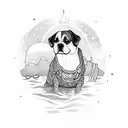 A serene scene of a dog swimming in a tranquil lake under a starry night sky tattoo design idea