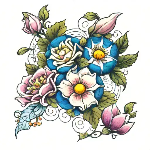 5 flowers (morning glory, cosmo, water lily, chrysanthemum, and holly) intertwined tattoo design idea