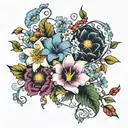 5 flowers (morning glory, cosmo, water lily, chrysanthemum, and holly) intertwined tattoo design idea