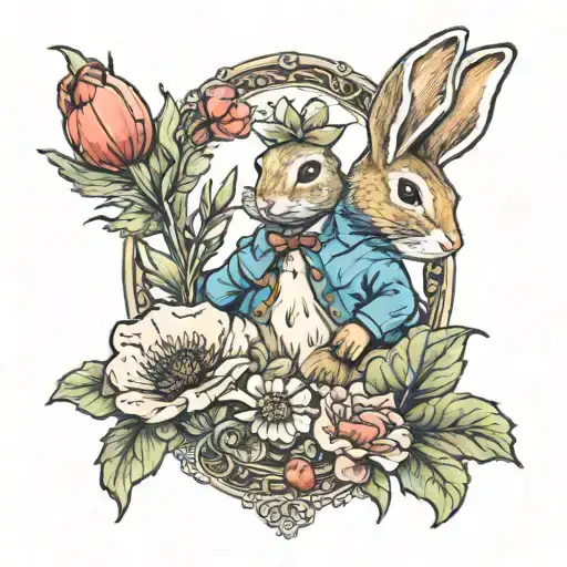 peter rabbit surrounded by poppy flowers tattoo design idea