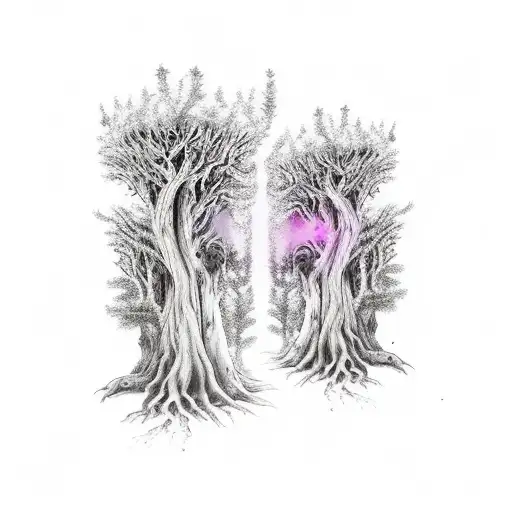 Druid and Dryad Leg Sleeve. Tree in a fantasy setting as the background. Fae creatures playing in the foreground tattoo design idea