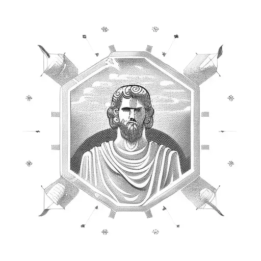 A stoic philosopher meditating in a Greek temple with the symbols of stoic virtues surrounding them tattoo design idea