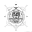 A stoic philosopher meditating in a Greek temple with the symbols of stoic virtues surrounding them tattoo design idea