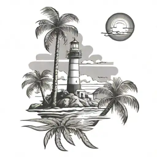 palm trees, lighthouse beach scene tattoo design idea