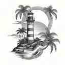 palm trees, lighthouse beach scene tattoo design idea