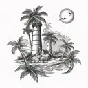palm trees, lighthouse beach scene tattoo design idea