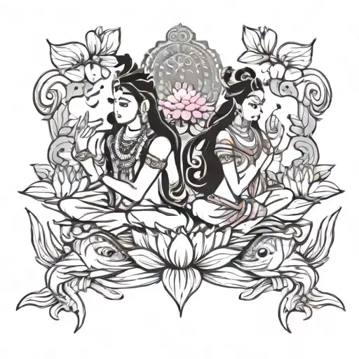 Shiva and parvati with river, koi fish and lotus flowers  tattoo design idea
