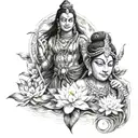 Shiva and parvati with river, koi fish and lotus flowers  tattoo design idea