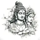 Shiva and parvati with river, koi fish and lotus flowers  tattoo design idea