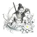 Shiva and parvati with river, koi fish and lotus flowers  tattoo design idea