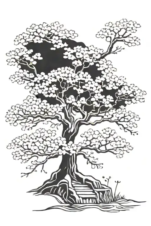 black out with white ink sakura tree tattoo design idea
