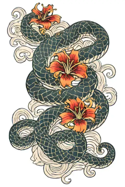 Snake with lycoris radiata and japanese waves tattoo design idea