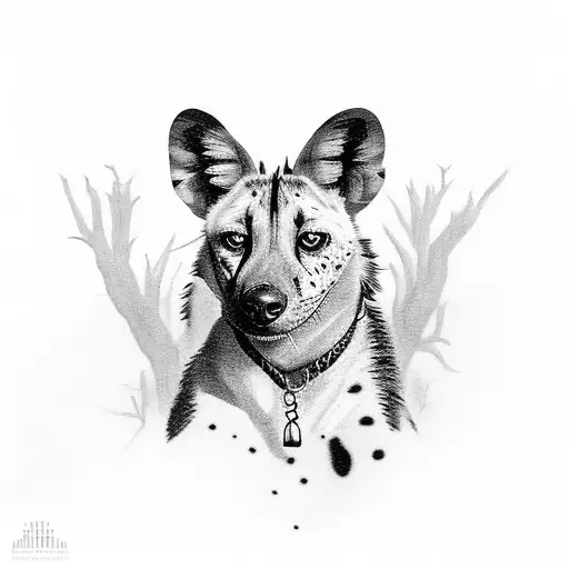 African painted dog with acacia tree on African savannah  tattoo design idea