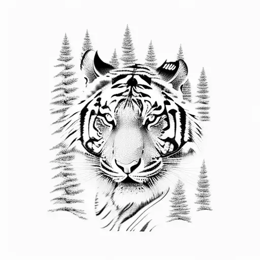 A fierce tiger climbing a mountain peak surrounded by pine trees tattoo design idea