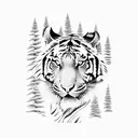 A fierce tiger climbing a mountain peak surrounded by pine trees tattoo design idea