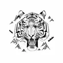 A fierce tiger climbing a mountain peak surrounded by pine trees tattoo design idea