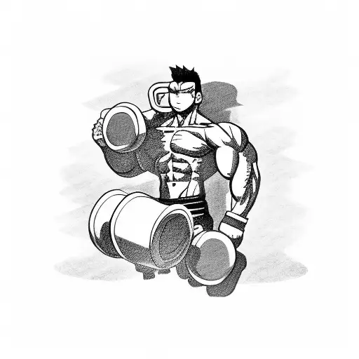 A muscular anime character lifting weights with a coffee mug in hand tattoo design idea