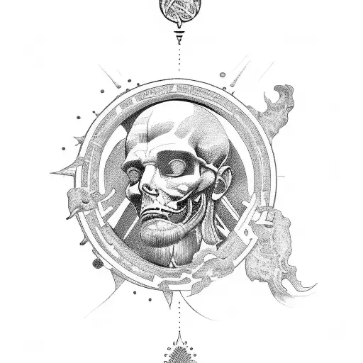 Design a tattoo featuring a thinker surrounded by ancient historical symbols tattoo design idea