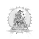 Design a tattoo featuring a thinker surrounded by ancient historical symbols tattoo design idea