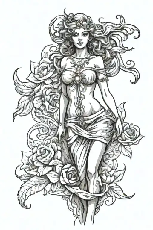 full body Aphrodite sexy realistic girl looking forward tattoo design idea