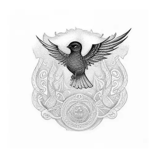 An intricate blackwork tattoo of a bird in flight, carrying a banner with the name 'Василиса' and the date 23.13.2023, representing the birth of your child and the happiness it brings. tattoo design idea