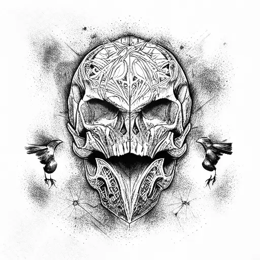 biomechanic skull and crow tattoo design idea