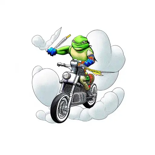 A new school color art inspired tattoo of a cartoon Ninja Turtle riding a chopper motorcycle tattoo design idea