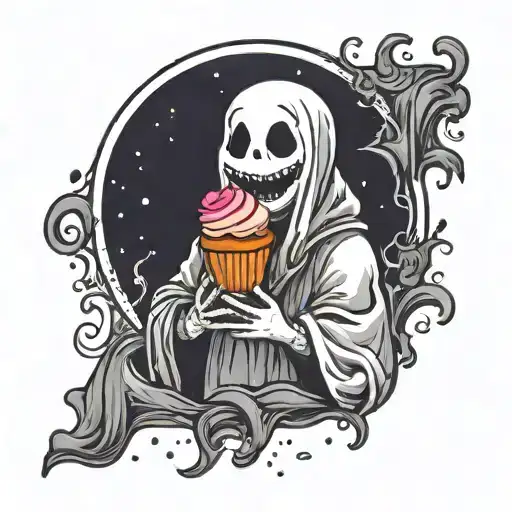 plain cute looking ghost, holding one cupcake with both hands, smiling tattoo design idea