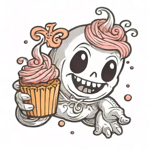 cute ghost, holding cupcake with two hands, smiling, no teeth tattoo design idea