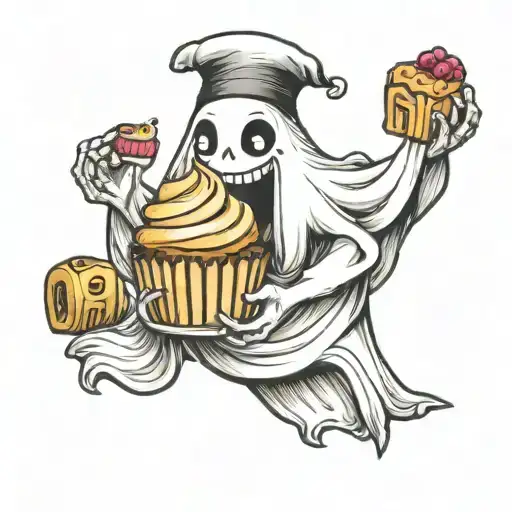 plain cute looking ghost, holding cupcake with two hands, smiling tattoo design idea