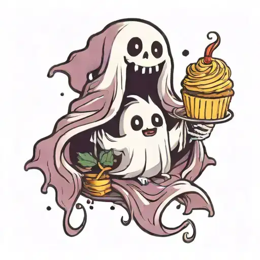 cute ghost, holding cupcake with two hands, smiling, does not have teeth, only two eyes tattoo design idea